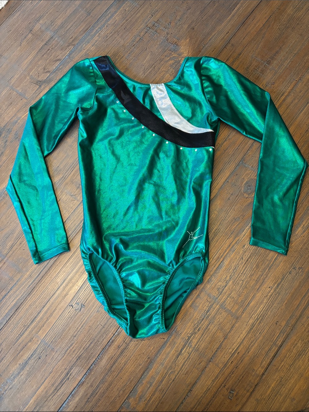 Green metallic long sleeved Gymnastics or dance leotard size Child XL